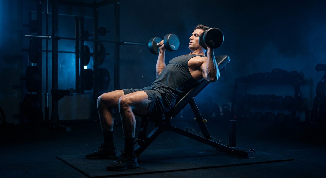Athlete pressing dumbbells on an incline bench