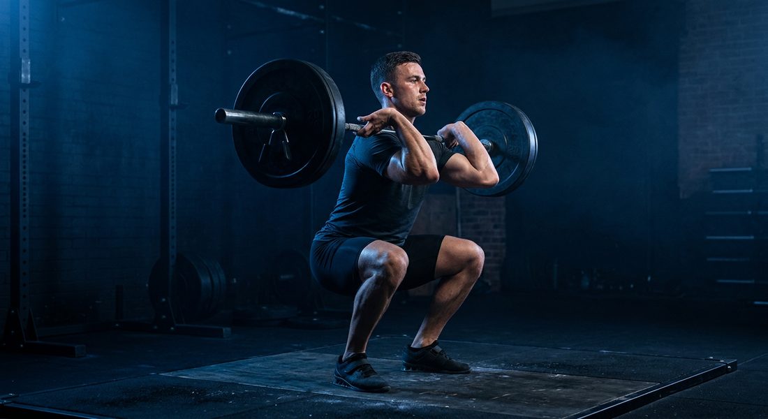 Athlete catching a barbell in the front rack
